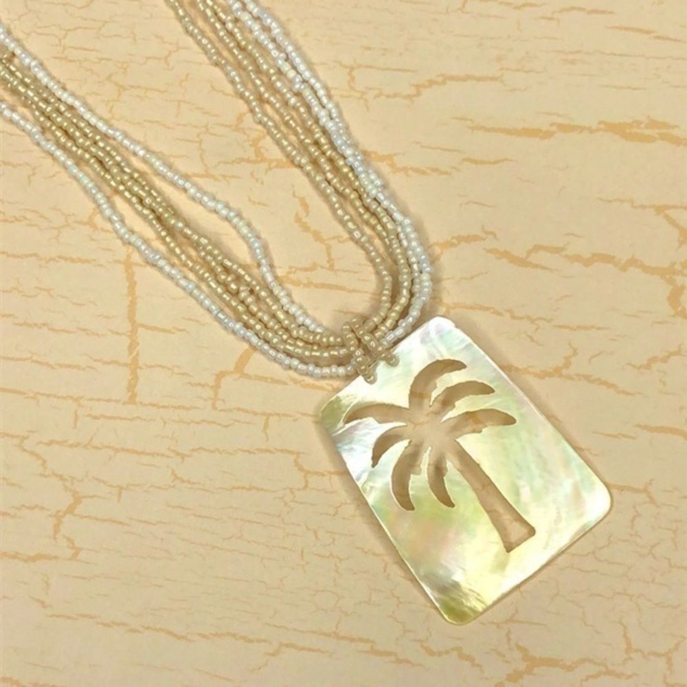 Stunning palm tree mother of pearl seed bead necklace